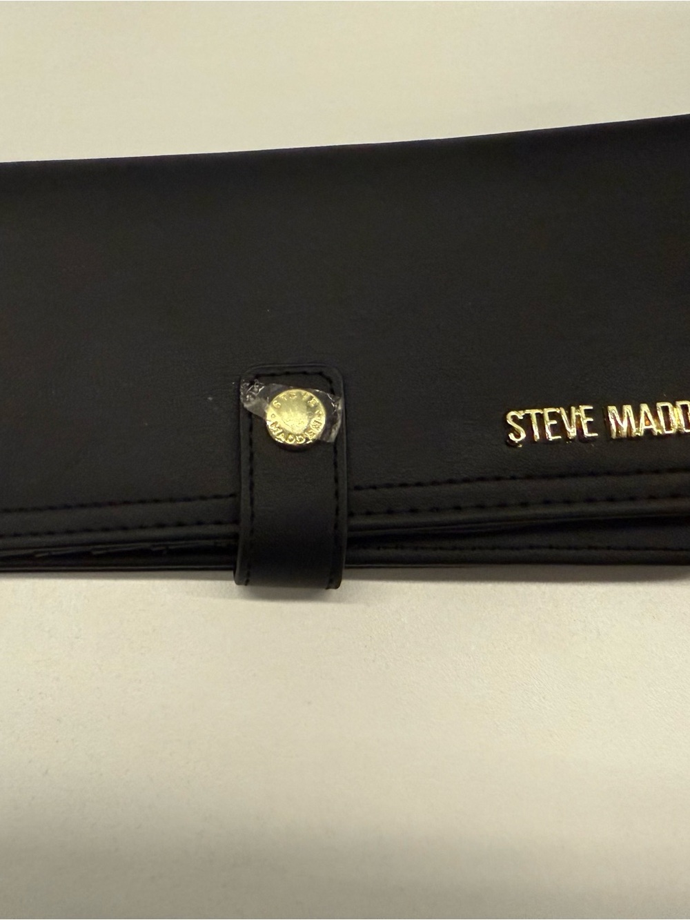 Steve Madden Black Leather Long Snap Wallet with Gold Accent